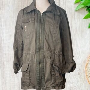 Ashley Womens Olive Green Jacket Floral Embroidered Military Anorak Utility Coat